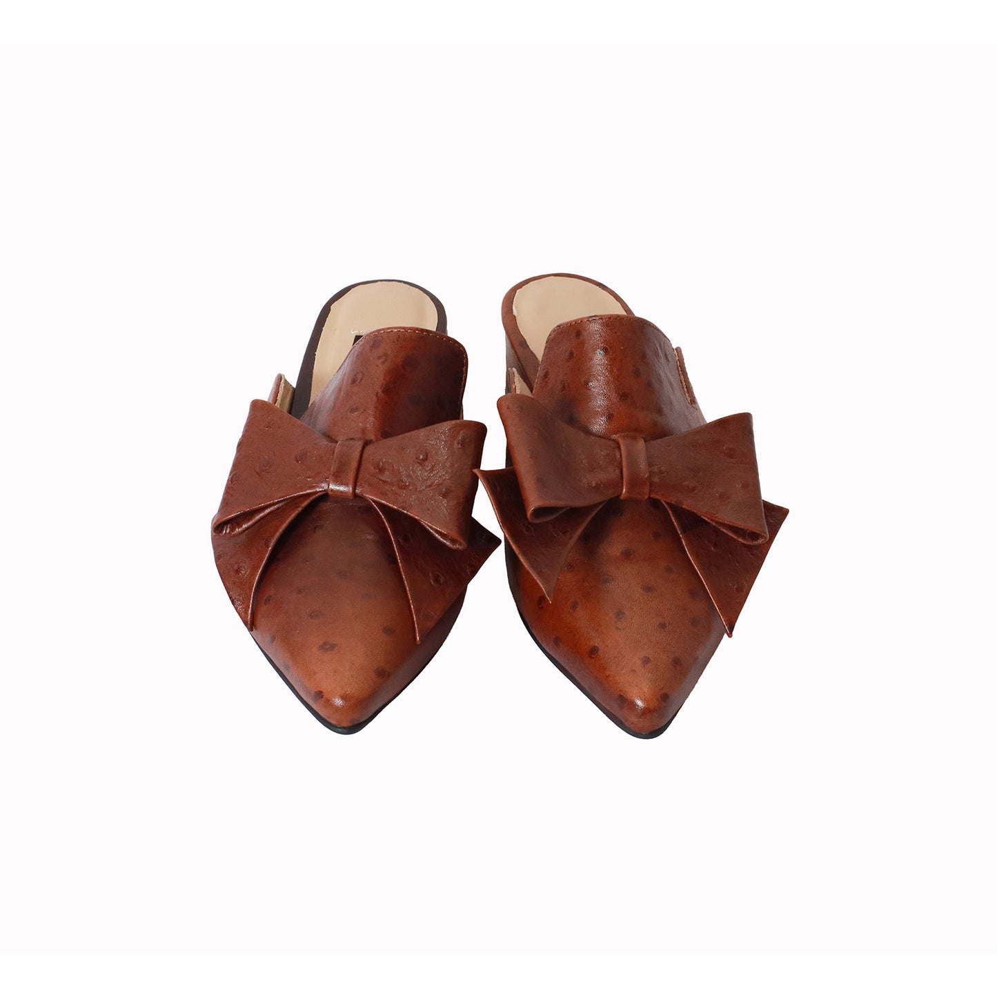 Mule Avestruz Marron Con Lazo Taco 3 cm