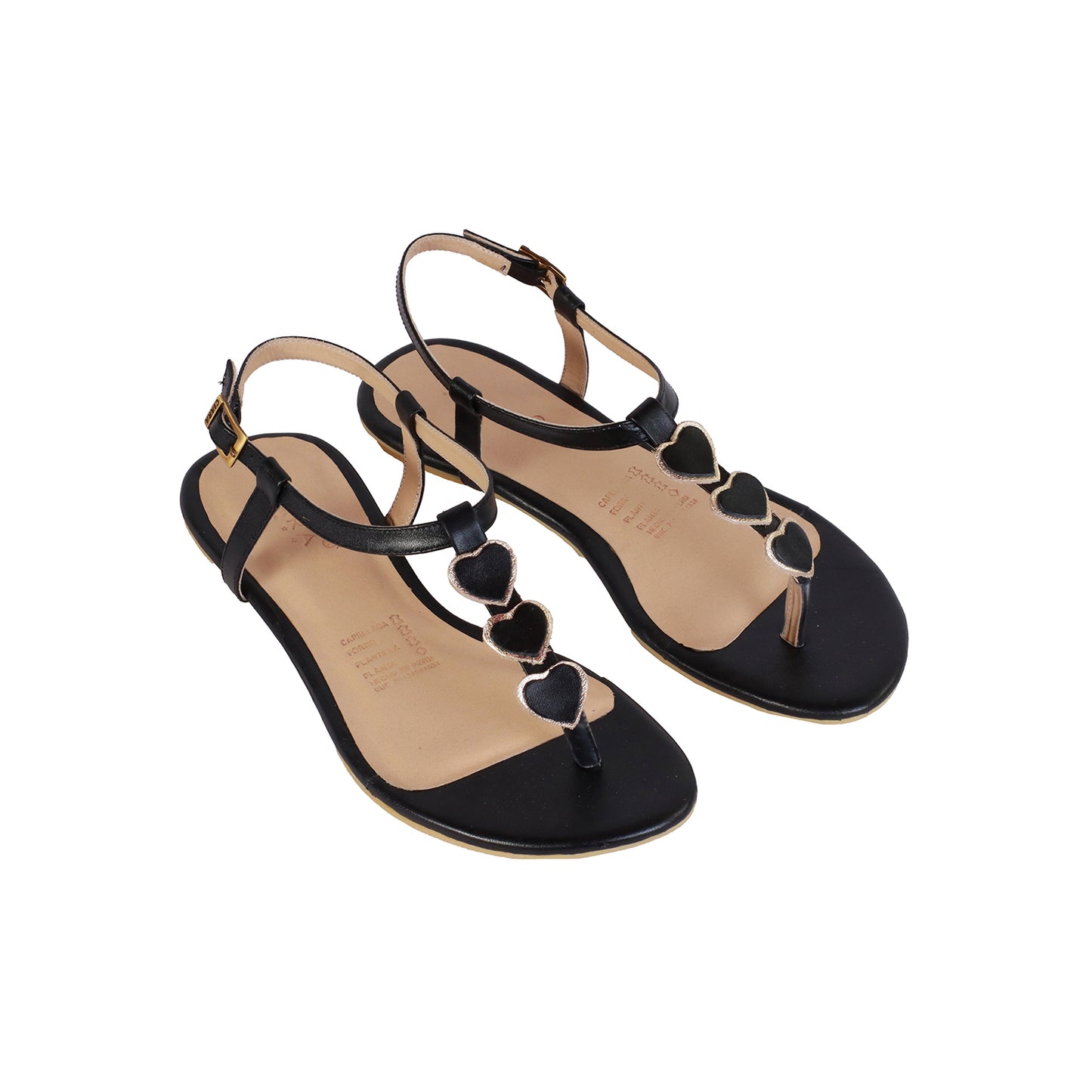 Flats En Cuero Napa Negro Corazones