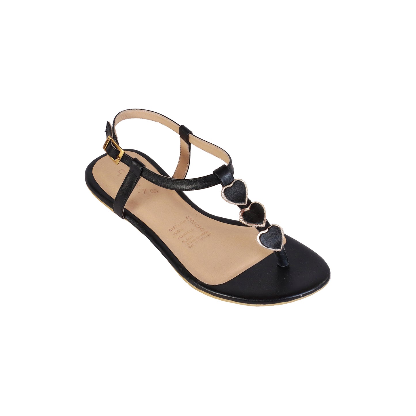 Flats En Cuero Napa Negro Corazones