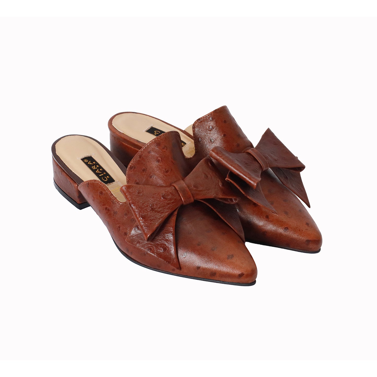 Mule Avestruz Marron Con Lazo Taco 3 cm