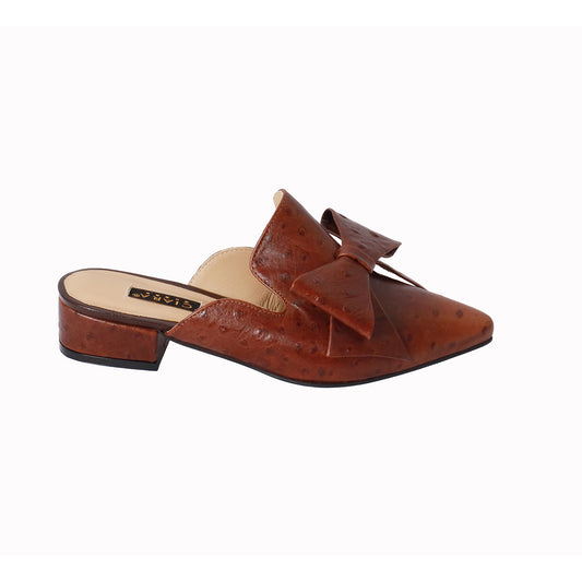 Mule Avestruz Marron Con Lazo Taco 3 cm