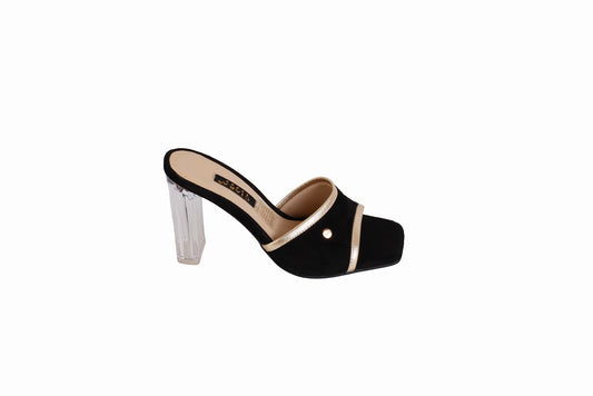 Sueco Ribete Dorado con Gamuza Negra | Taco 7 cm Transparente