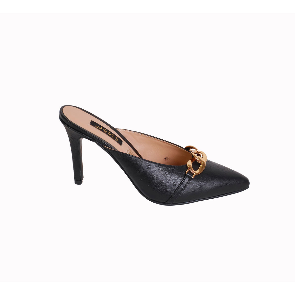 Mule Avestruz Negro con Cadena Dorada taco 8 cm