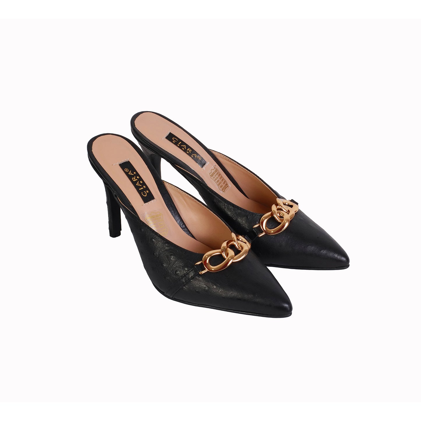Mule Avestruz Negro con Cadena Dorada taco 8 cm