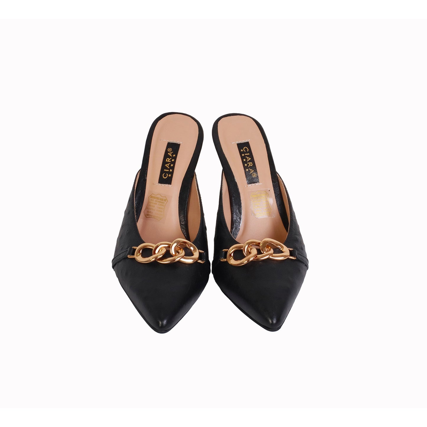 Mule Avestruz Negro con Cadena Dorada taco 8 cm